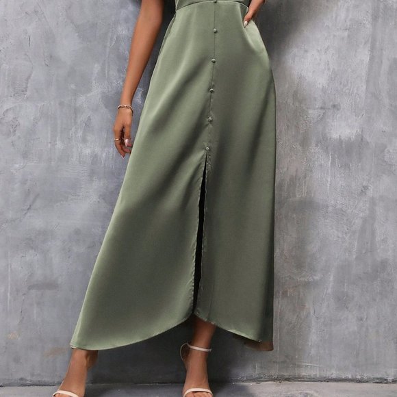 Army Green Preppy Womens Plunging Neck Butterfly Sleeve Button Front Dress - Picture 5 of 5